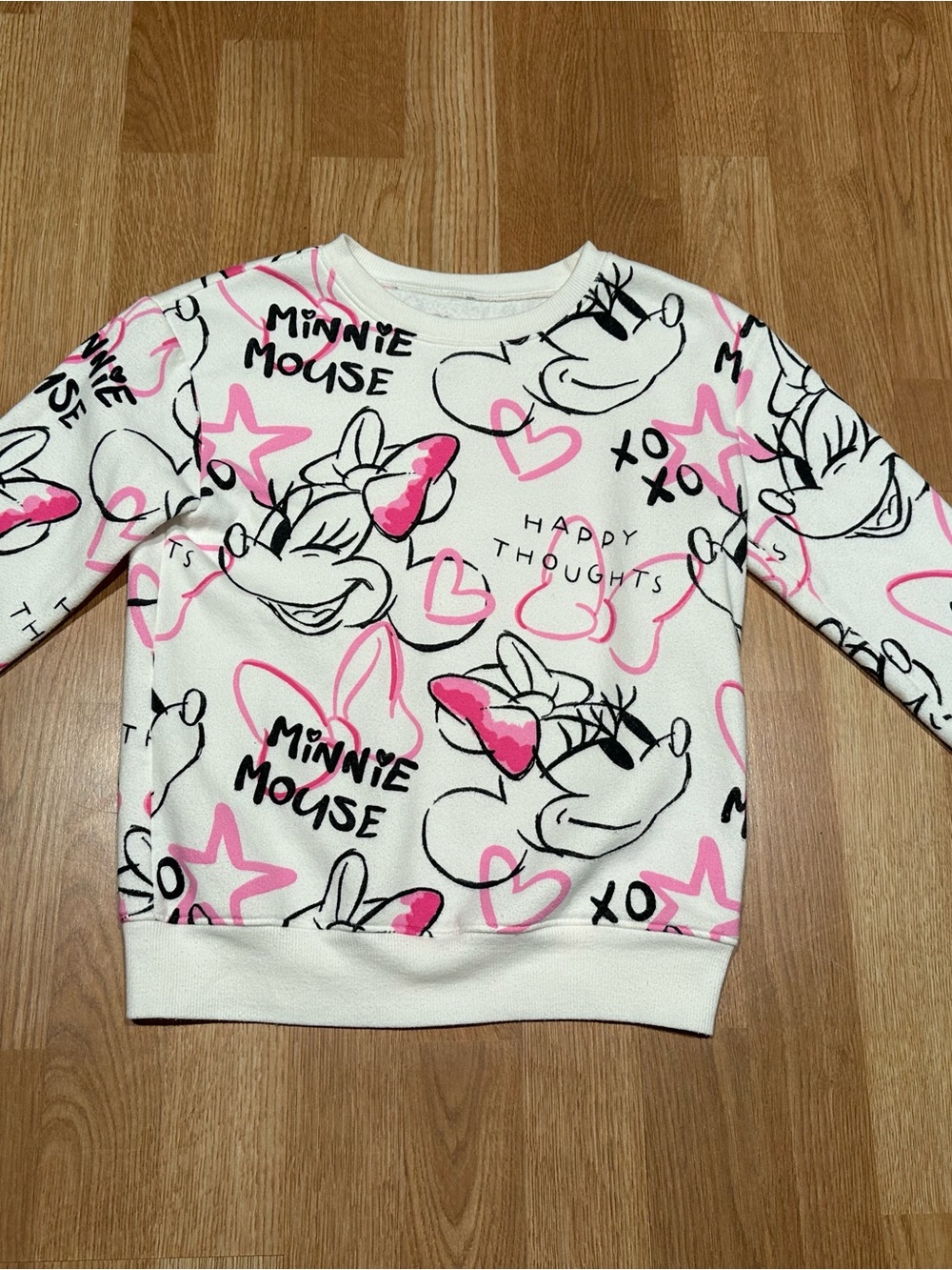 Disney White Sweatshirt with Pink & Black Minnie Graphic Girls Size 7